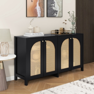 Sideboard mit 4 Kunst-Rattantüren, Metallgriffen, 4 verstellbare Regalböden, MDF & Rattan, für Wohnzimmer & Arbeitszimmer