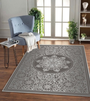 Jungengel Teppich Mandala Wohnzimmer Grau Waschbar Flach Teppichläufer Läufer