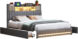 Bett mit Stauraum und LED-Beleuchtung, 140x190cm Leinenbezug (Frankreich)