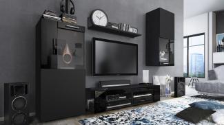 Vladon Wohnwand Movie, Anbauwand bestehend aus 1 TV-Board, 2 Vitrinen und 1 Regal, Schwarz matt/Schwarz matt/Schwarz Hochglanz (Gesamt: 300 x 190 x 39 cm)