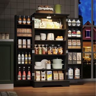 Flieks Mehrzweckschrank Hochschrank mit LED-Sensorlicht und verstellbaren Regalböden (H120,5xB60xT40 cm, 1-St) Küchenschrank mit Türablagen Buffet Aufbewahrungsschrank schwarz