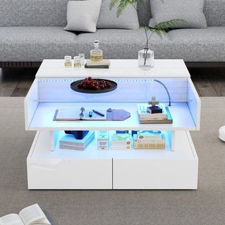 HAUSS SPOLE Couchtisch mit LED&Schublade,Hochglanz-Sofatisch Wohnzimmertisch Höhenverstellbar (Wohnzimmertisch, Beistelltisch, 1-St, 80*80*45cm, Spanplatte+gehärtetes Glas), Hochglanz, Höhenverstellbarer Kaffeetisch