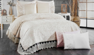 Pikee-Set mit Decke, 1x Bettlaken, 4x Kopfkissenbezug mit Spitzen Details Beige
