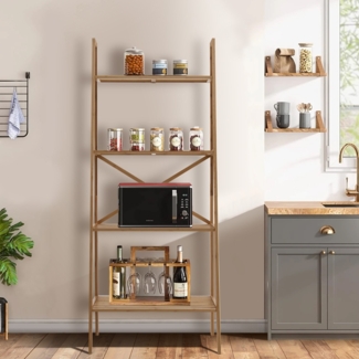 Leiterregal aus Bambus mit Kippschutz 4 Ebenen Bücherregal 60 x 35,5 x 148 cm Natur