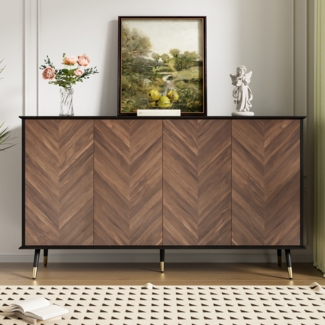 Merax Sideboard mit Fischgrätmuster – Buffet Schrank mit 4 Türen & höhenverstellbaren Regalen – MDF Holz & Metallfüße, Schwarz+braune Holzmaserung