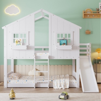 Merax Etagenbett (1-St, Hochbett Stockbett Hausbett), Kiefer Kinderbett 90x200cm mit Rutsche Dach Fenster Fallschutz Leiter
