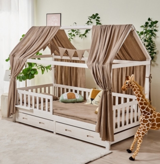 Alavya Home® Betthimmel Dekoset (2 Stück Betthimmel 1 Stück Wimpelkette 300cm cm lang mit 9 Stück Wimpeln, 3-tlg), Dekoset aus 100% Bio-Musselin Baumwolle 125x350 cm