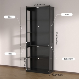 VOWNER Glasvitrine mit 3-Farben-LED - Bewegungssensor (1-St) 5 übereinanderliegende Regale, 80x204x35 cm