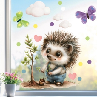 Sunnywall Fensterdekoration wiederverwendbares Fensterbild Igel Gärtner in Latzhose, wiederverwendbar, statisch haftend, beidseitiger Druck