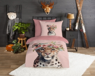 good morning Kinderbettwäsche Kiranmu, Biber, Flanell, 2 teilig, Flanell Biber, 135x200, Warm, Reißverschluss, Wende, Mädchen, leopard