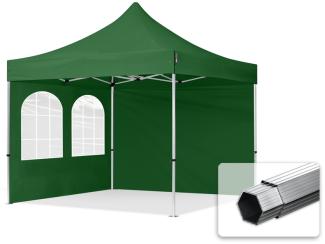 3x3 m Faltpavillon PROFESSIONAL Alu 40mm, Seitenteile mit Sprossenfenstern, dunkelgrün