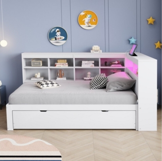 STILVORA Schlafsofa Daybett 90×200cm Jugendbett mit USB-Steckdose&Ablagefach&Ausziehbett, 90x200 cm mit ausziehbarem Bett, USB-Anschluss & LED-Beleuchtung, Regalen & Ablagefächern – Platzsparendes Design, für Schlafzimmer & Gästezimmer, ohne Matratze