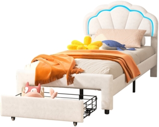 FUROKOY Polsterbett Kinderbett Jugendbett Mit Schubladen und LED-Beleuchtung Samt, 90x200 cm,Schubladen mit Rädern,mit verstellbarem Kopfteil