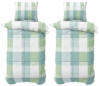 Visaggio Bettwäsche Feinbiber weich und kuschelig Winter Bettbezug, Biber, 4 teilig, Winterbettwäsche, gestreift in Grün