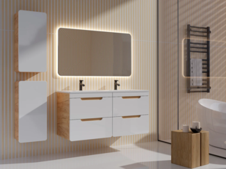 Vente-unique - Waschbeckenunterschrank hängend mit Einbauwaschbecken & 2 Badschränken - 120 cm - Holzfarben & Weiß - ARUBA