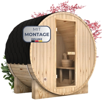 DELUKE® Fasssauna Outdoor mit Elektroofen PIET - für 2 Personen, inkl. Saunazubehör | Außensauna Gartensauna Saunafass | Mit externer Montage