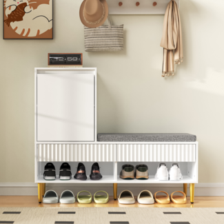 Moderner Schuhschrank mit Sitzbank Weiß Hochglanz gepolsterte Sitzfläche Flurbank mit 2 Schubladen und Ablagefächern Metallfüßen großer Stauraum für Schuhe Garderobenbank Eingangsmöbel praktischer Schuhbank für Diele und Flur