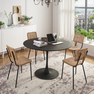 Runder Esstisch 120 cm mit Bootsform-Kante – Holzoptik Tischplatte aus MDF & Metallgestell,Schwar