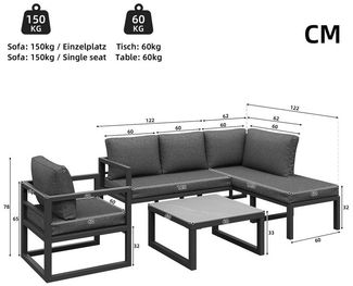 Celya Gartenlounge-Set Gartenlounges, Gartenmöbel Set mit Esstisch für 5 Personen, (Ecksofa mit verzinktem Eisengestell, verstellbare Beine, inklusive aller Sitz- und Rückenkissen, Grau), Seil-Gartenmöbel-Set