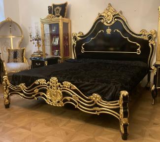 Pompöös by Casa Padrino Luxus Barock Doppelbett mit Matratze Schwarz / Gold - Pompööses Barock Bett designed by Harald Glööckler - Schlafzimmer Möbel im Barockstil - Barock Möbel - Edel & Prunkvoll