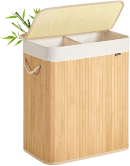 SONGMICS Wäschekorb 2 Fächer, 100 L Wäschesammler mit Deckel, Wäschebox Bambus, mit Griffen, faltbar, Wäschesack herausnehmbar maschinenwaschbar, Waschküche, braun