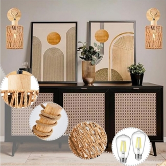 Jibenhome LED Nachtlicht Boho Rattan Wandleuchte Farmhouse mit E27 Leuchtmittel, Warmweiß, LED fest integriert, Wandlampe aus Holz,Vintage Deko Lampe für Wand & Nachttisch