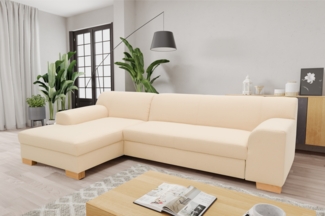 DOMO. collection Ecksofa Tinos, Couch in L-Form mit Schlaffunktion, Beine aus Buche mit Filzgleitern, Sofa, Polsterecke, Eckcouch, Schlafsofa 273 x 157 x 74 cm (BxTxH), beige