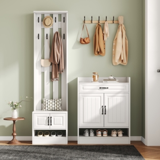 Merax Garderoben Set , Wandgarderobe, Garderobenset mit Schuhbank und schrank, 8 Haken, 4 Türen, 1 Schublade, Weiß