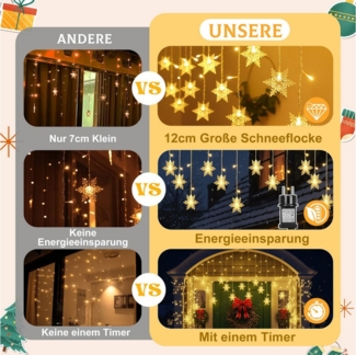 Rosnek LED-Lichterkette 31V, Schneeflocke, Speicherfunktion, für Fenster Veranda Weihnachten, 94-flammig, 8 Modi, Timer, für Hochzeit Urlaub Garten Party Deko