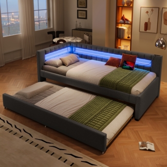 Merax Daybett Polsterbett 90x200cm mit Ausziehbarem Bett, Schlafsofa Tagesbett mit Ladefunkion & LED, Jugendbett Einzelbett Daybed, Leinen, Grau