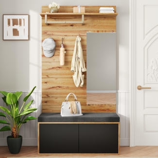 Kompaktgarderobe Schwarz-Holz mit Spiegel, Schuhschrank, Sitzbank, Haken, Kleiderstange