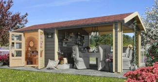 Gartenhaus Theres 7 - 304x304 cm plus Dachausbauelement, 28 mm Holz terragrau, Karibu