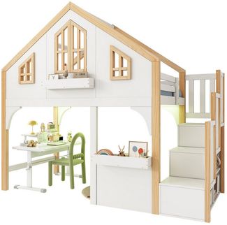 BlingBin Etagenbett Hochbett Kinderbett Hausbett Massivholzbett mit LED und Fenster (1er Set, 1-St, 90x200cm, Ohne Matratze, Tragfähigkeit: 120KG, Massivholz+MDF), Holzbett mit Stauraumtreppe für Kinderzimmer, Weiß und Naturfarbe