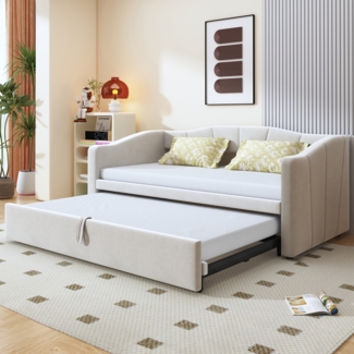 Schlafsofa 90×200 cm,ausziehbar auf 180×200 cm – gepolstert mit Samtbezug in Beige, Lattenrost und Armlehnen