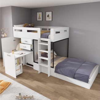 STILVORA Bettgestell 90×200 Etagenbett mit Kleiderschrank & Tisch,Jugendbett ohne Matratze (Multifunktionales, ohne Matratze, 90*200cm), mit Ausziehbarer Schreibtisch und Garderobe, Schublade, Regale, Leitern