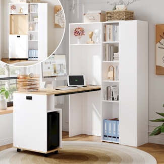 Schreibtisch, Klappbarer Schreibtisch mit Ablagen, 2-in-1-Bücherregal und Schreibtisch, mit Steckdose und USB-Anschluss, höhenverstellbare Ablagen, Kippschutz, MDF, Weiß