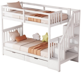 Ulife Etagenbett Kinderbett Jugendbett mit Treppenregal, hohe Geländer, ausgestattet mit zwei Schubladen, 90x200 cm