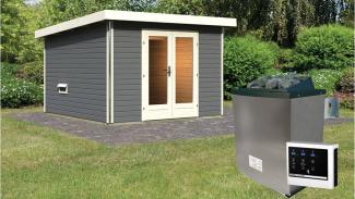 Karibu Sauna Mainburg 1 terragrau mit Vorraum + 9 kW Saunaofen mit ext. Steuerung Easy Set A