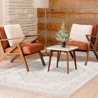 Teppich Wohnzimmer - Ornamente Bordüre - 140x200cm Creme - Fransen Deko Boho Flauschig - Cut & Loop Sisal - Schlafzimmer Flur Dekoration Läufer - Hochtief Effekt