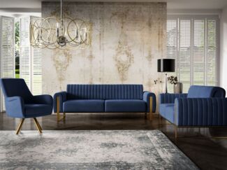 Sofaset Designersofas VALERIE 3-2-1 in Stoff Stoff Elisa Velvet Dunkelblau