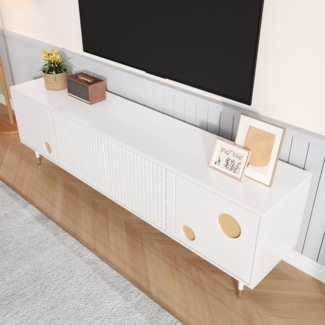 Eleganter TV-Ständer mit Gitterstruktur und goldenen Akzenten – 4 Türen aus MDF in Weiß