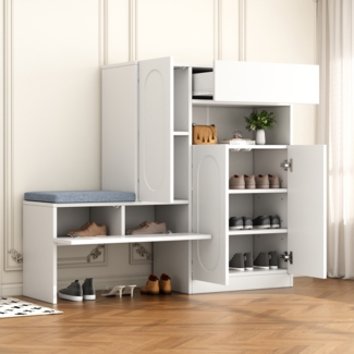 Trendiger 2-in-1 Schuhschrank, mit gewölbten Türen – Klapptür mit Soft-Close-Funktion, höhenverstellbaren Fächern und gepolsterter Sitzbank, Weiß, Holz, Weiß, 130 x 35 x 110 cm