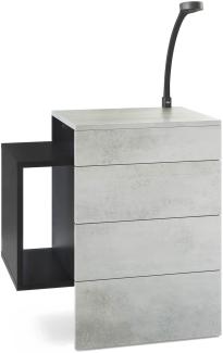 Vladon Nachttisch Queens, Nachttischschrank mit 2 Schubladen und 1 seitlichem Fach zur Wandmontage, Schwarz matt/Beton Oxid-Optik, inkl. LED Flexi Lampe schwarz (60 x 63 x 36 cm)