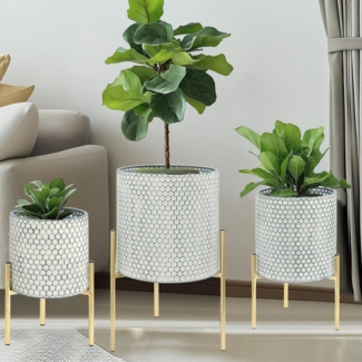 G-LEAF Blumentopf Moderne Pflanzgefäße aus Metall mit einzigartigem Rautenmuster (3 St), mit stabilem Goldständer, einfach zu montieren, weiß
