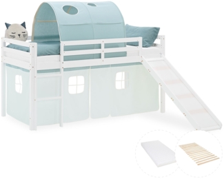 Hochbett Kinder 90x200 cm mit Matratze Rutsche Lattenrost Kinderbett Vorhang Tunnel Grün Mintgrün Holz Massiv