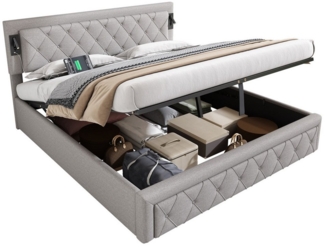 Ulife Boxspringbett Polsterbett mit USB-Schnittstelle und Schlafzimmerleuchte (1-St, Ohne Matratze), mit Lattenrost und Rautenstreifen-Kopfteil 180*200cm grau