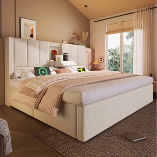 TavilaEcon Boxspringbett Hydraulisches Polsterbett mit verstecktem Becherhalter & Ladestation (1-St), mit U-förmige Eisenstange, 140×190cm, beige/grau