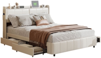 FUROKOY Stauraumbett Polsterbett Doppelbett mit 4 Schubladen (Gepolstertes Kopfteil mit Typ-C und USB-Ladeanschluss), Kunstleder Weiß Polsterbett, mit Lattenrost, 140x200cm