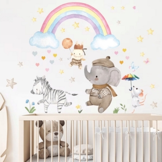 Montegoni Wandtattoo Cartoon Tier Fantasie Regenbogen Wandaufkleber (Wolken,Herzen, Zebra, Elefant, Wandsticker, Wanddeko für Mädchenzimmer), kinderzimmer,babyzimmer