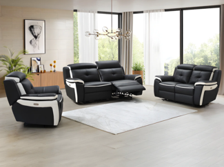 Vente-unique - Relaxsofagarnitur Leder elektrisch 3+2+1 - Schwarz & Weiß - ANGELIQUE